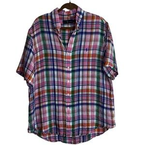 Ralph Lauren Casual Plaid Button Down Shirt Men’s XL Pony Short Sleeve Pink Blue